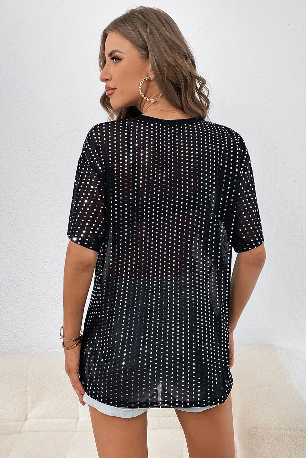 Sequin Drop Shoulder Sheer T-shirt, S-XL