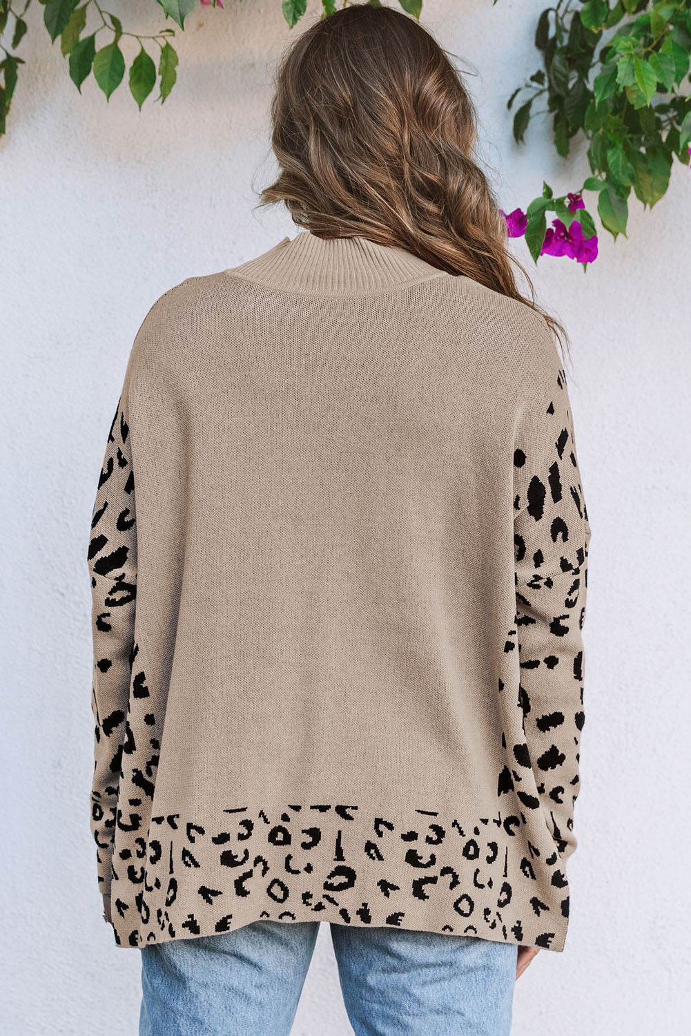 Leopard High Neck Side Slit Oversized Sweater, S-2XL, two color choices