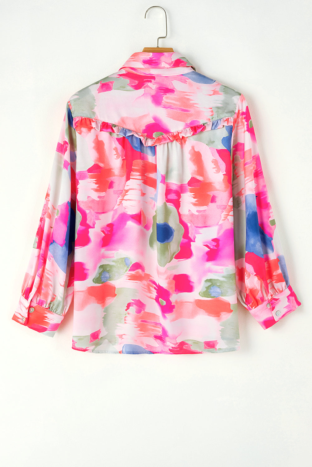 Abstract Printed Lantern Sleeve Frilled Button Front Collared Shirt, S-XL