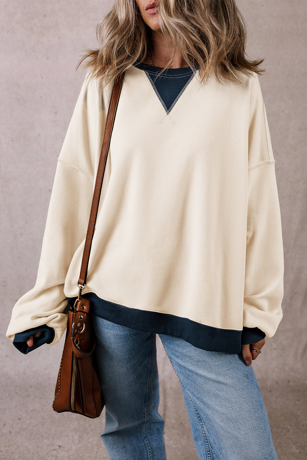 Color Block Patch Drop Shoulder Oversized Sweatshirt, S-2XL, two color choices