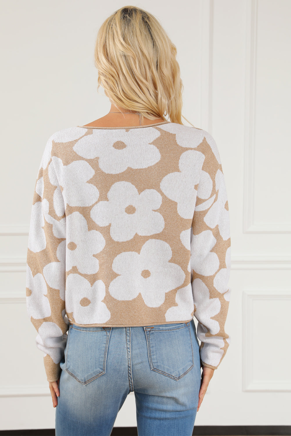 Flower Pattern Cropped Sweater, S-XL