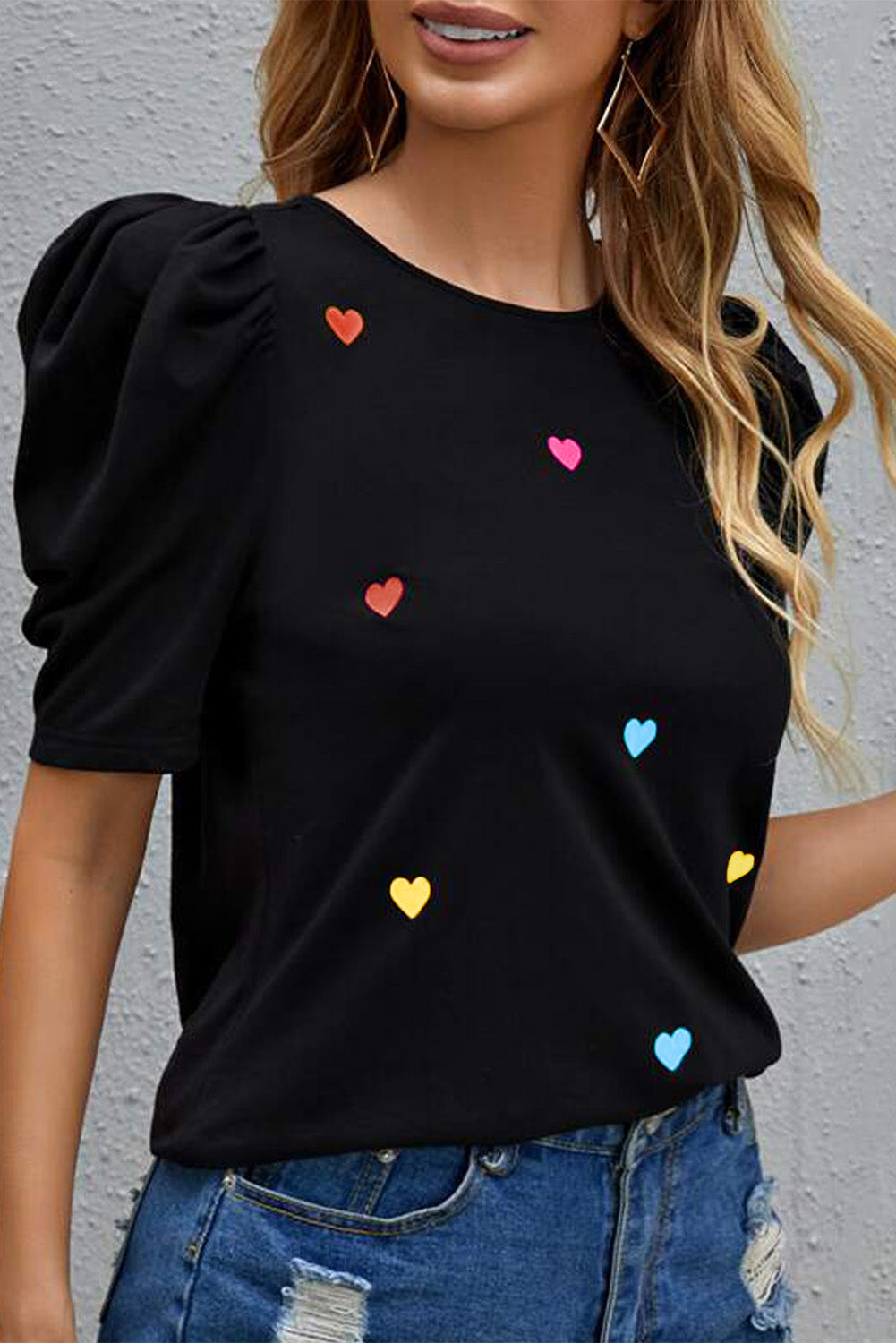 Heart Shape Print Short Puff Sleeve Top, S-XL