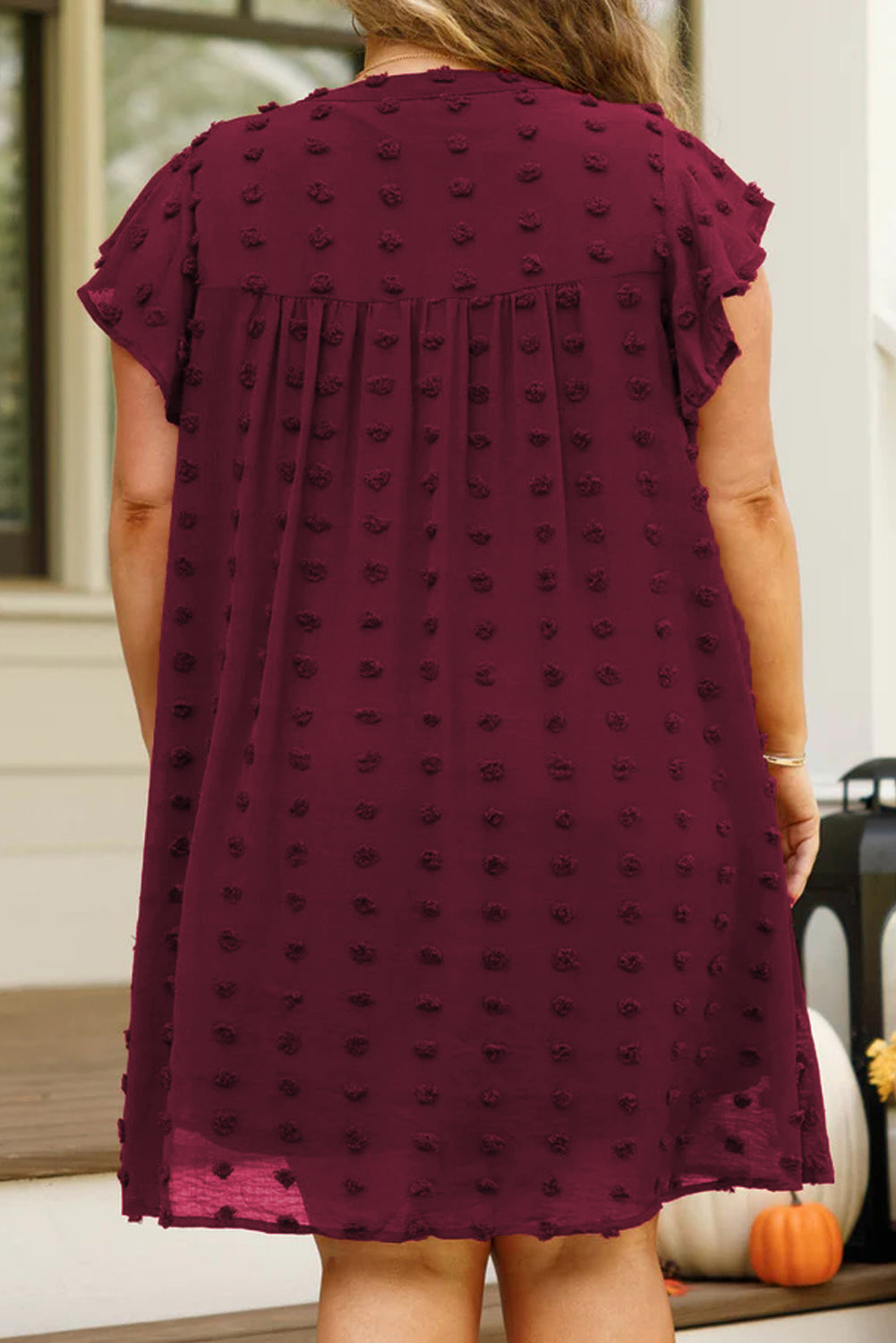 Swiss Dot Ruffled Sleeve V Neck Dress, 1XL-3XL