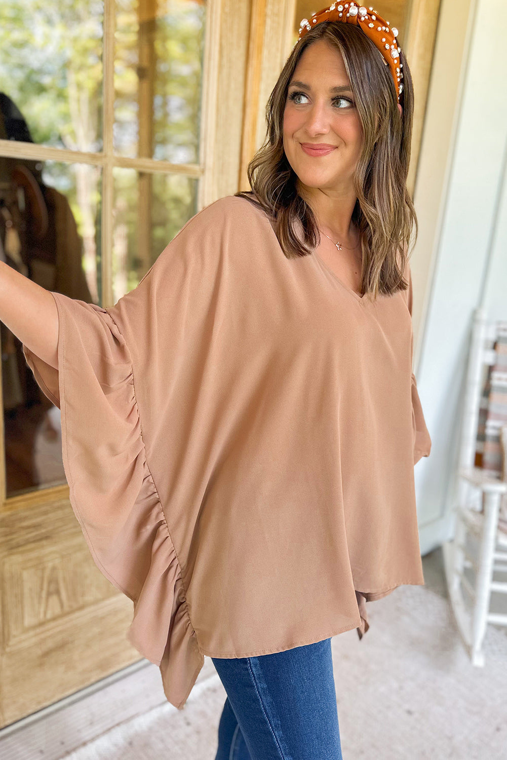 Ruffled Batwing Sleeve V Neck Blouse, 1XL-3XL