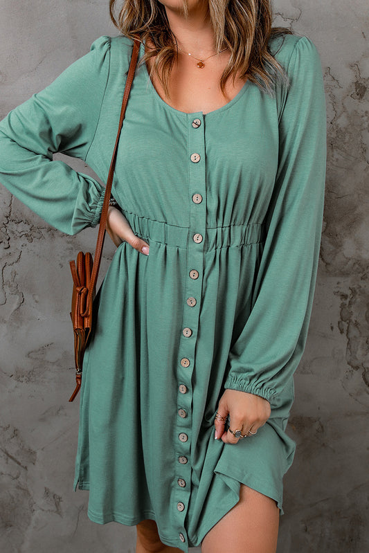 Button Up High Waist Long Sleeve Dress, S-2XL, Several color choices!