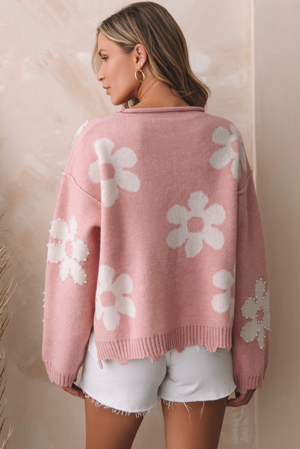 Pearl Beaded Floral Drop Shoulder Sweater, S-XL