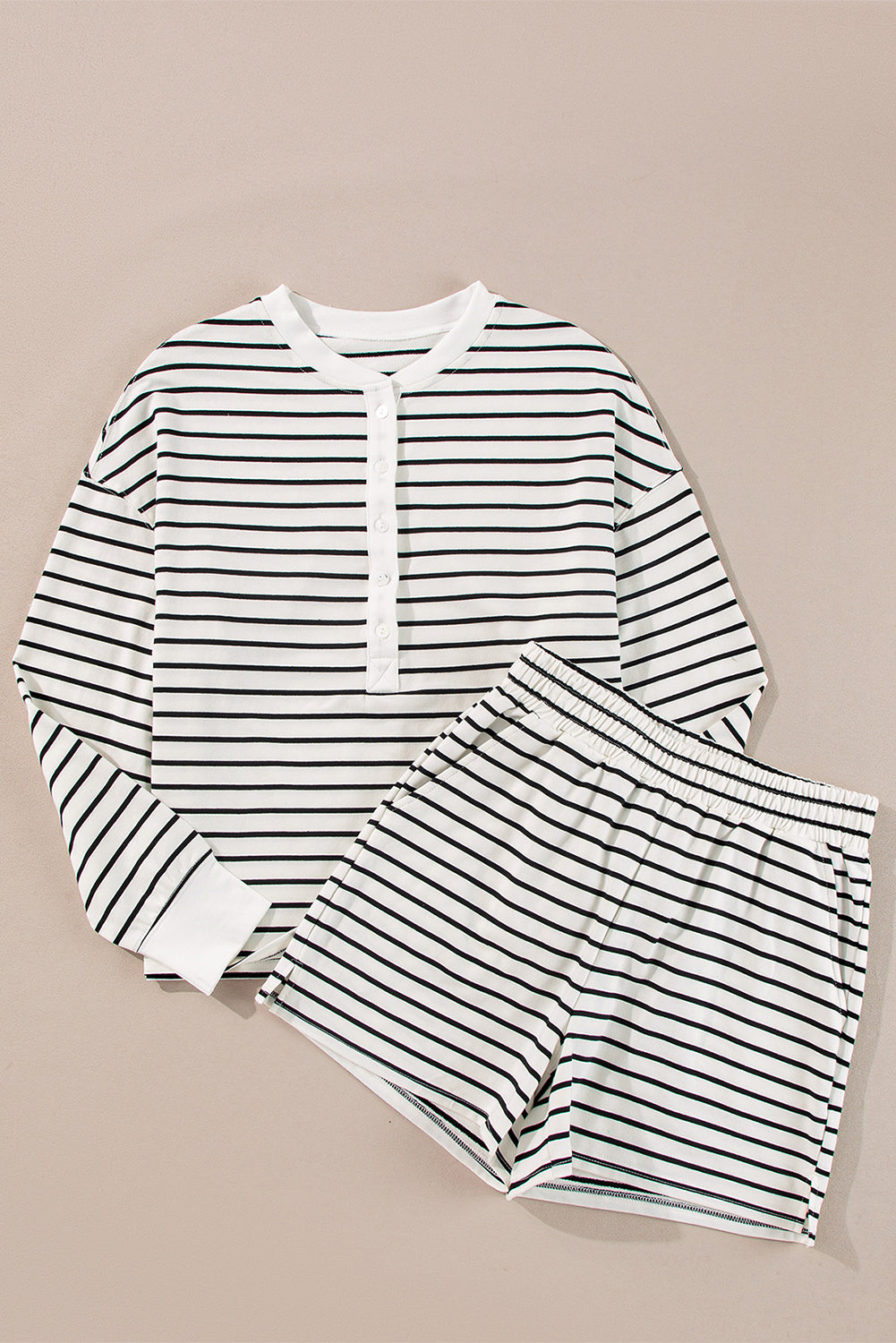 Stripes Printed Half Button Long Sleeve Top and Shorts Set, S-XL