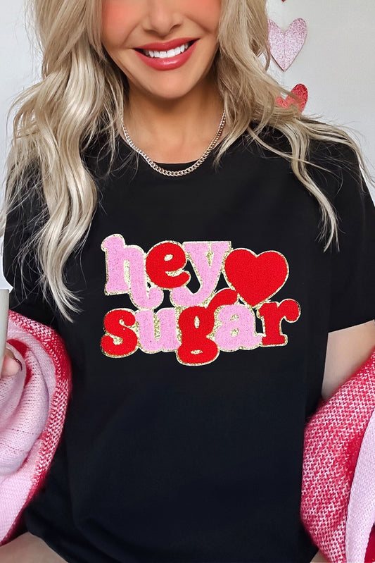 Hey Sugar Chenille Heart Patched Crewneck Valentines Tee