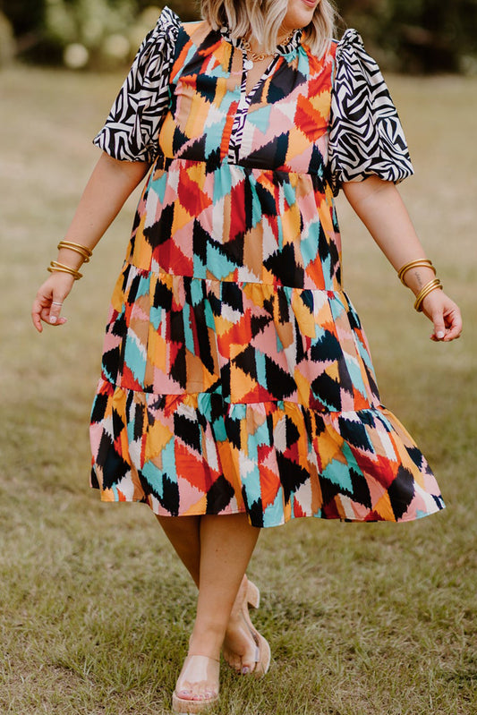 Puff Sleeve Abstract Print Tiered Dress, 1XL-3XL