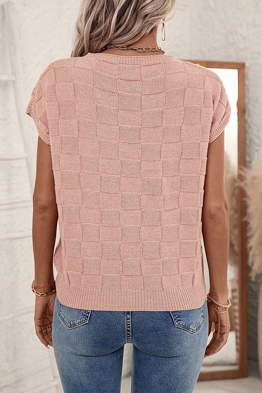 Lattice Textured Knit Short Sleeve Sweater, S-XL