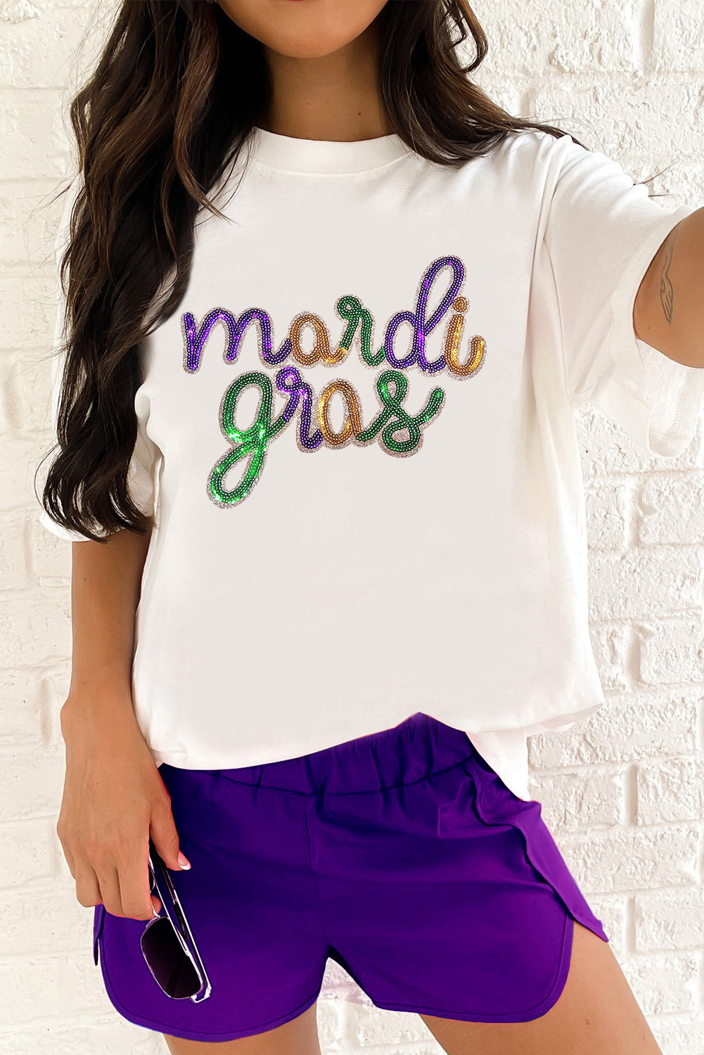 Here For The Mardi White Sequin Mardi Gras T Shirt