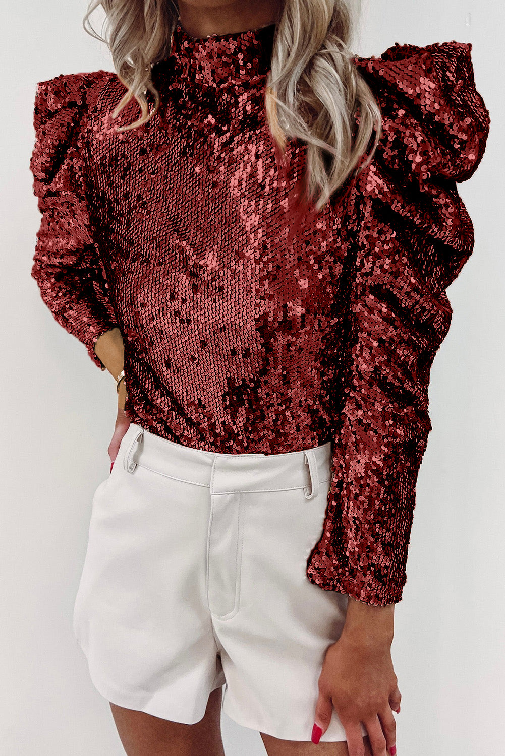 Sequin Mock Neck Bubble Sleeve Top, S-XL