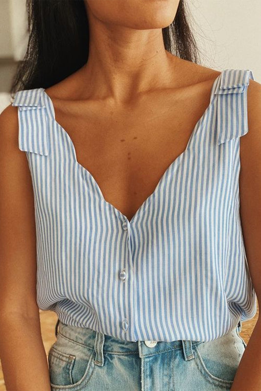 Stripe Scalloped V Neck Buttoned Tank Top, S-XL