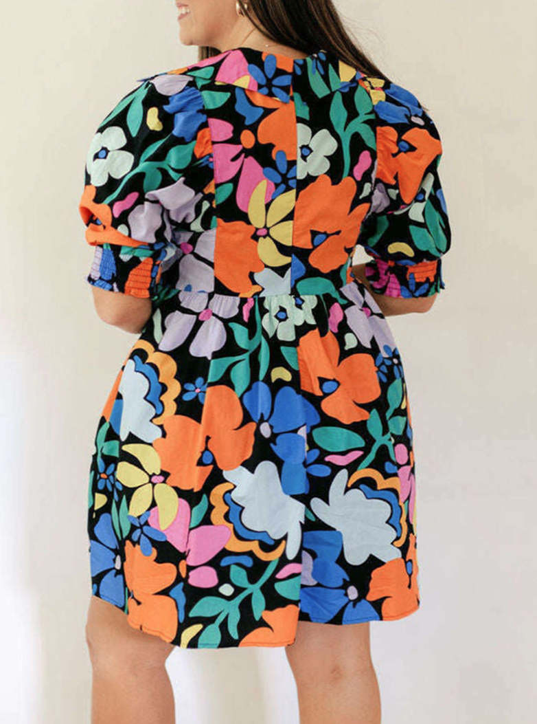 Split Neck Collared Floral Dress, 1XL-3XL