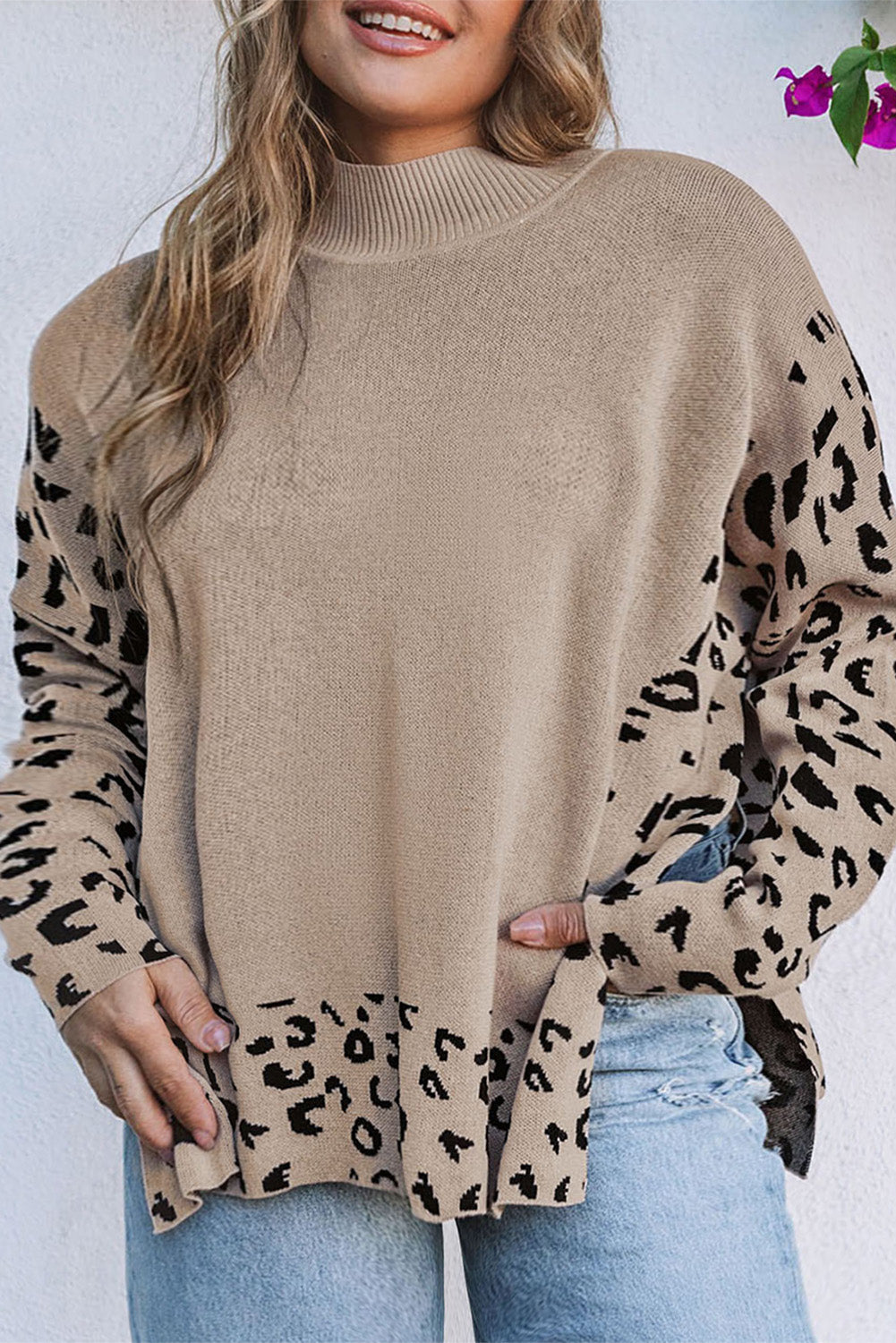 Leopard Patchwork High Neck Sweater, 1XL-3XL