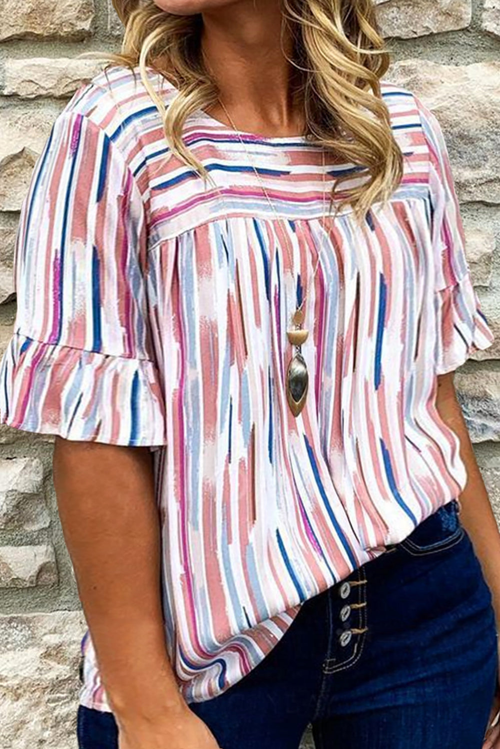 Stripe Ruffled Short Sleeve Blouse, 1XL-3XL