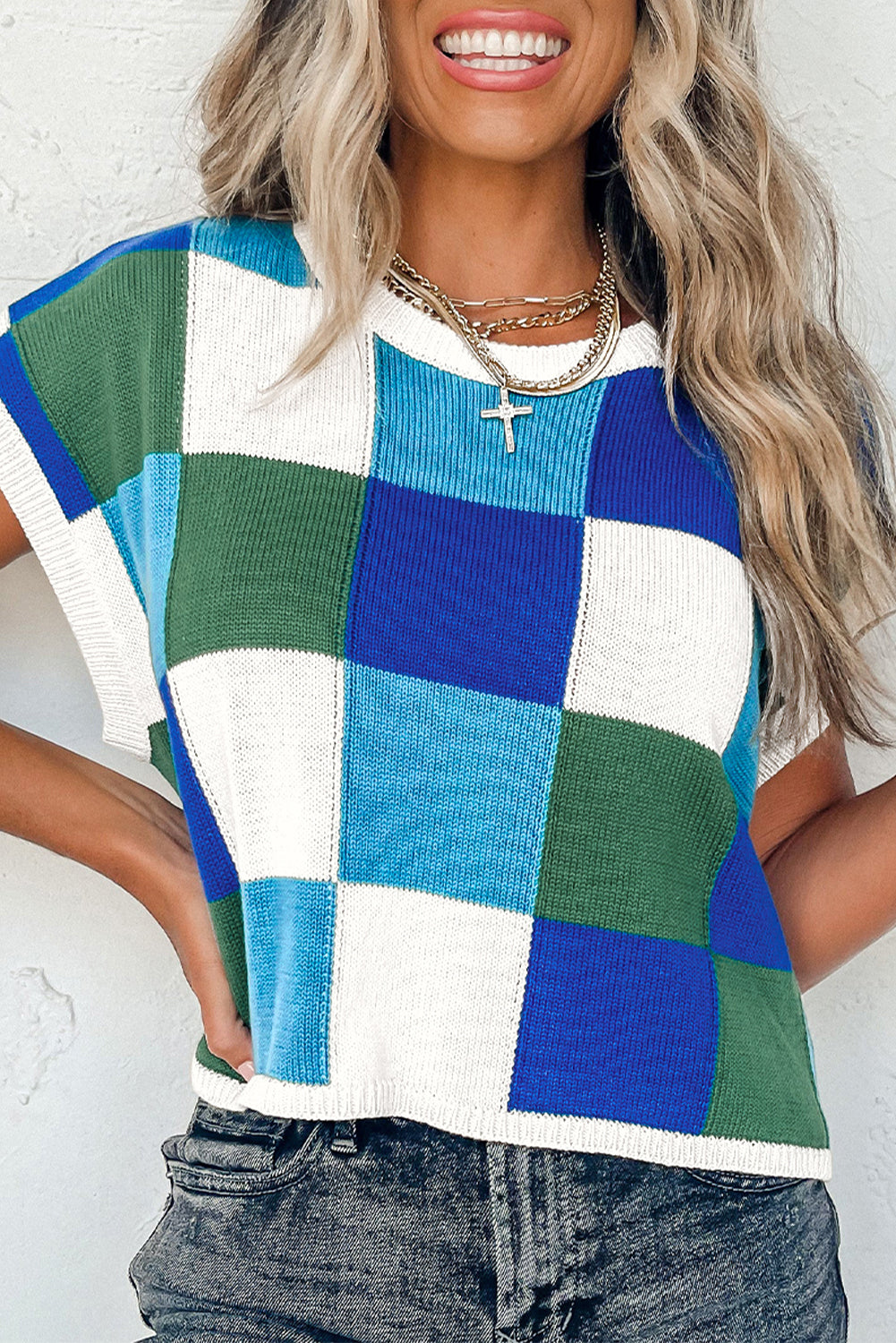 Color Block Cap Sleeve Sweater Tops, S-XL