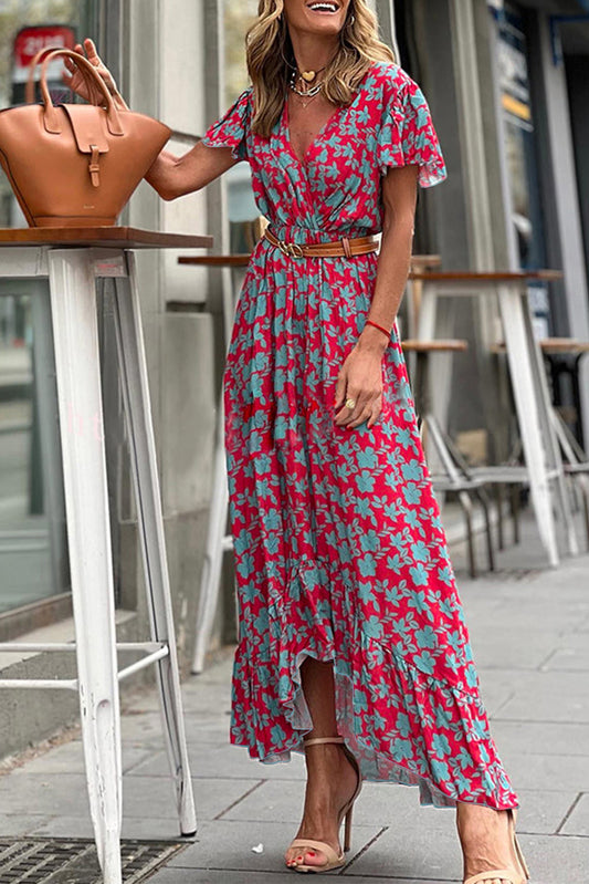 V Neck Flutter Sleeve Floral Print Ruffled Maxi Dress, S-2XL