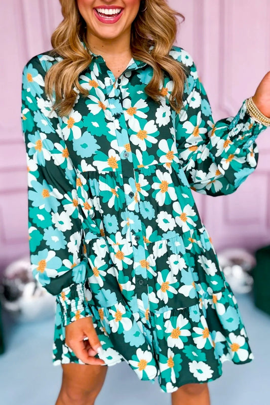 Floral Tiered Long Puff Sleeve Shirt Dress, S-XL