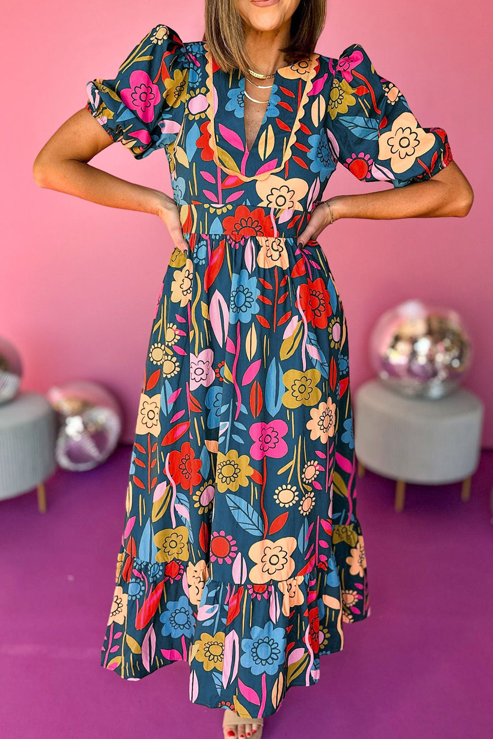 Retro Floral Printed Split Neck Maxi Dress, S-XL