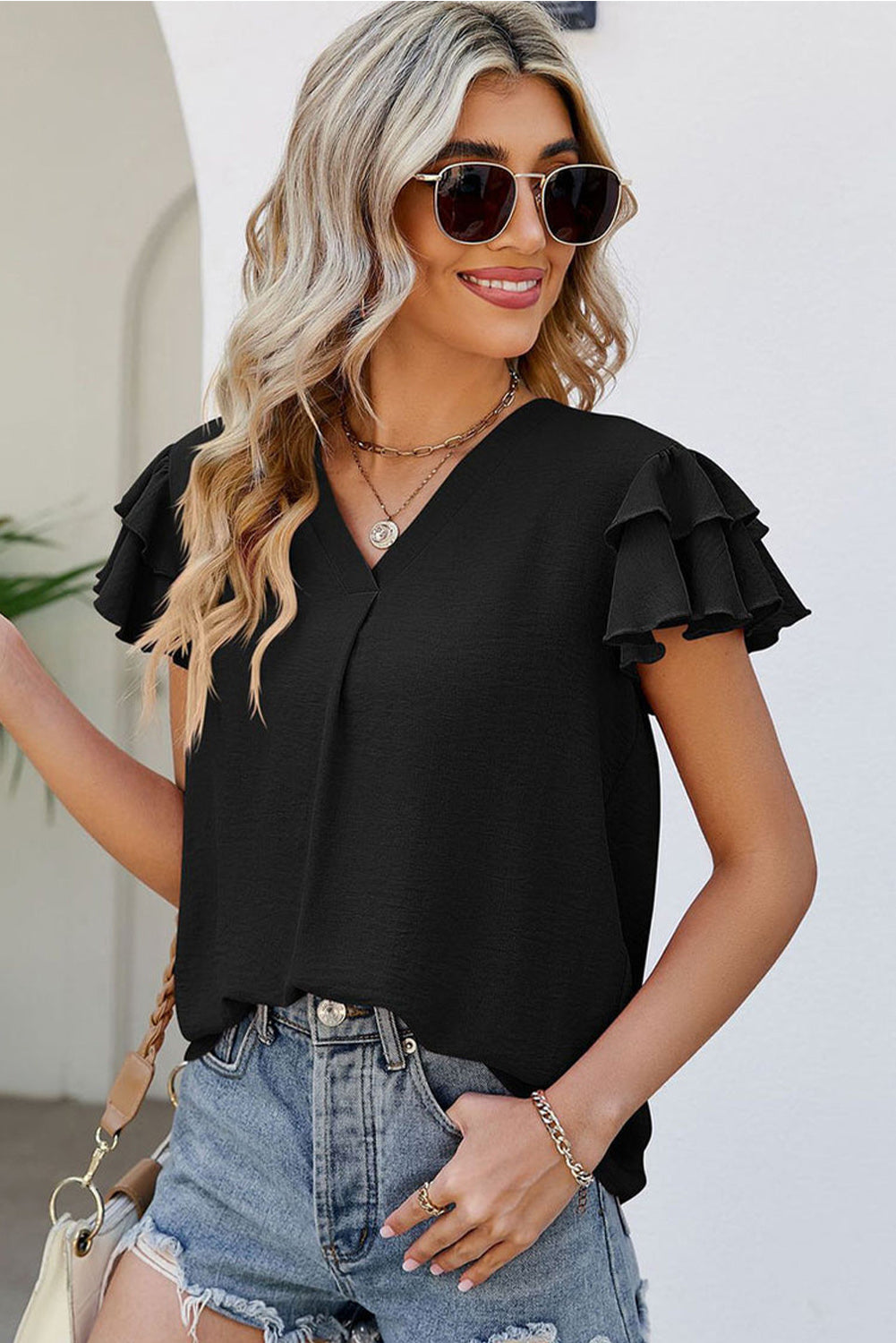 V Neck Ruffle Short Sleeve Blouse, S-XL, two color choices