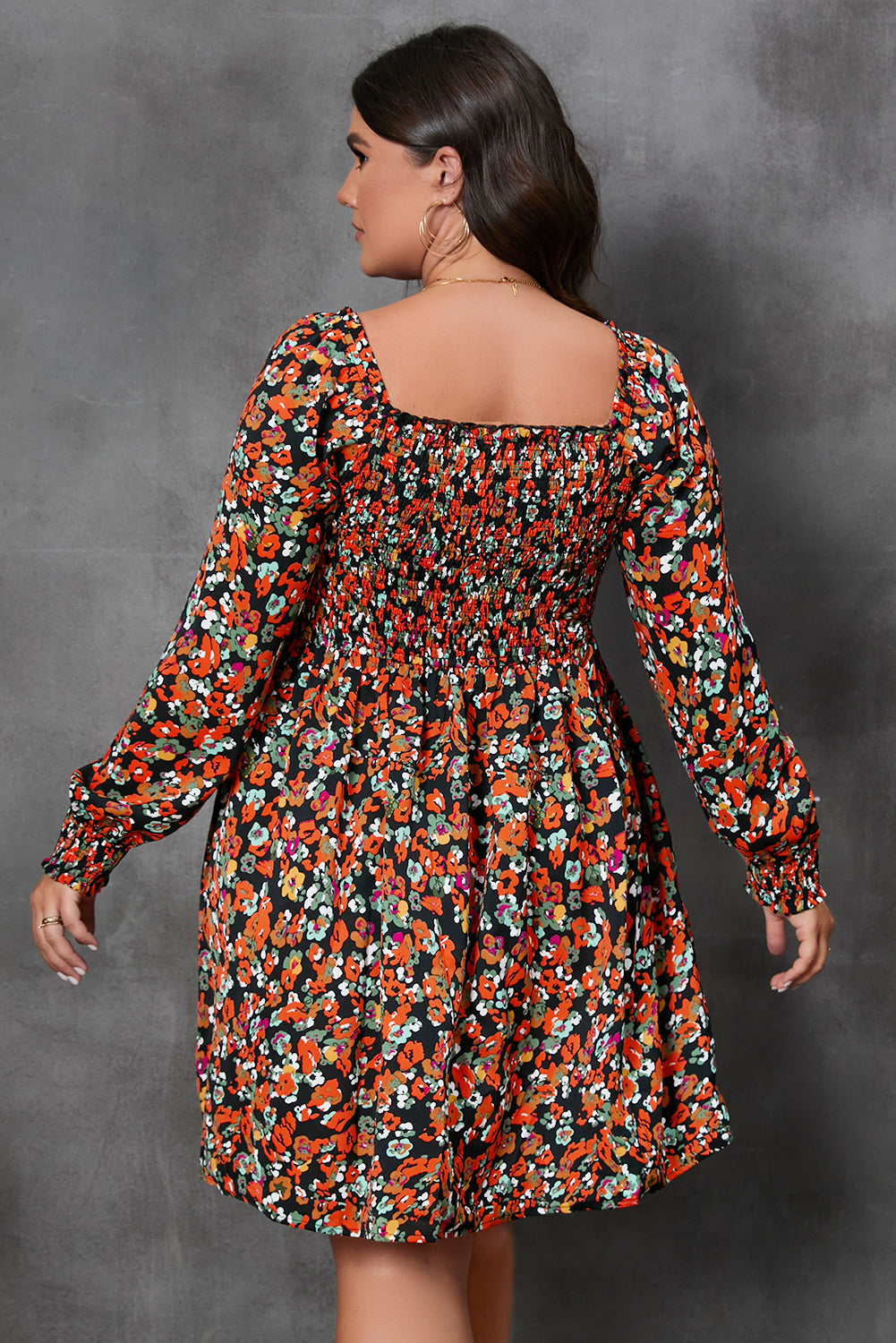 Smocked Long Sleeve Floral Dress, 1XL-3XL