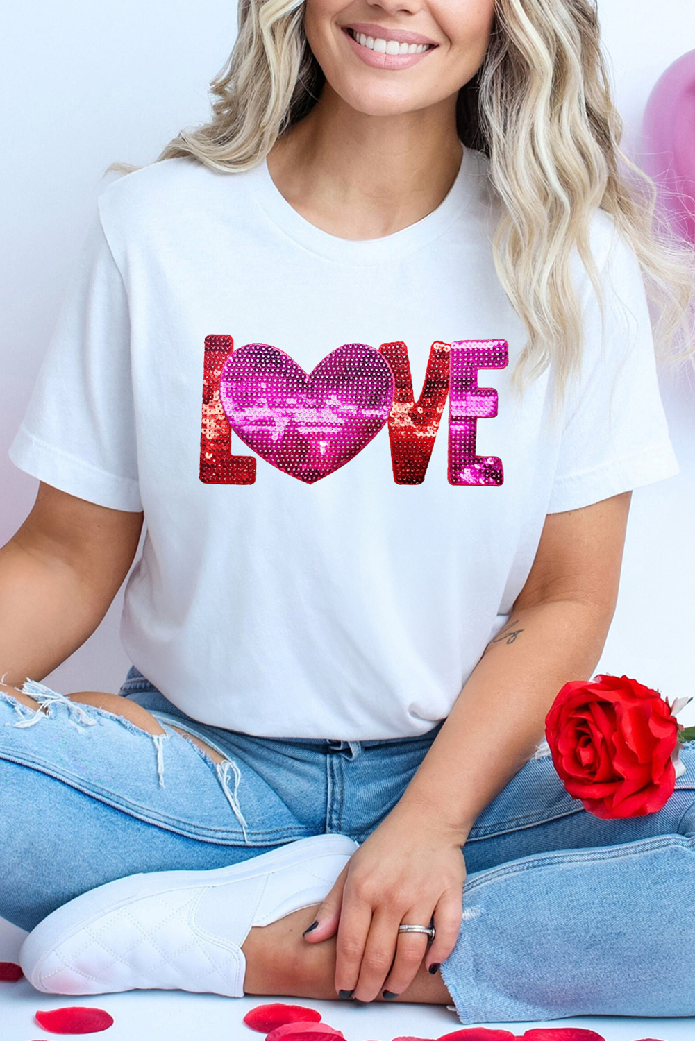 The Heart Won't Lie LOVE Patched Pattern Crewneck Valentines T Shirt