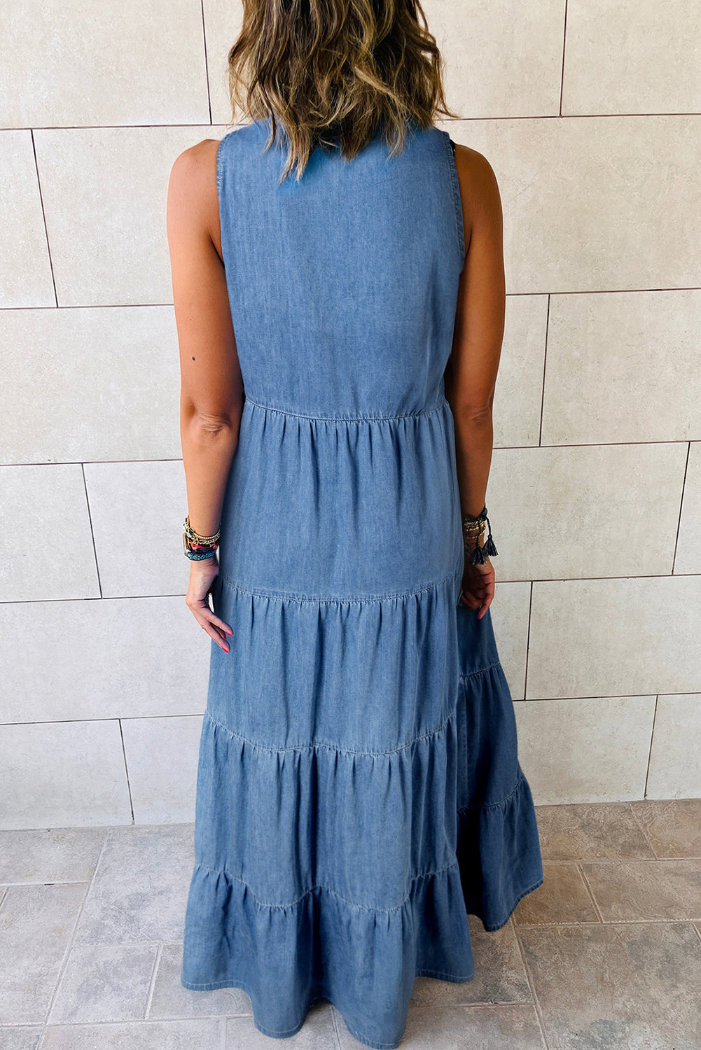 Sleeveless Tiered Chambray Maxi Dress, S-2XL, two color choices