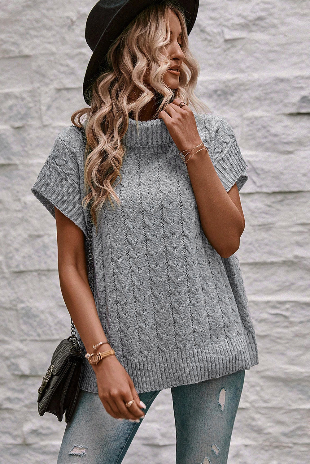 Cable Knit Turtleneck Batwing Sleeve Sweater, S-XL