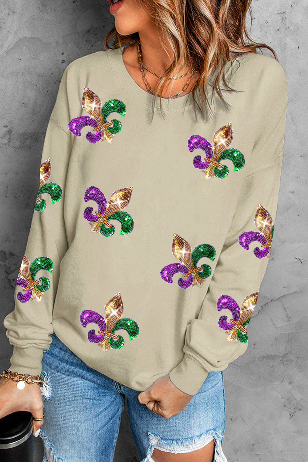 Sequin Fleur De Lis Pullover Sweatshirt, S-2XL, two color choices