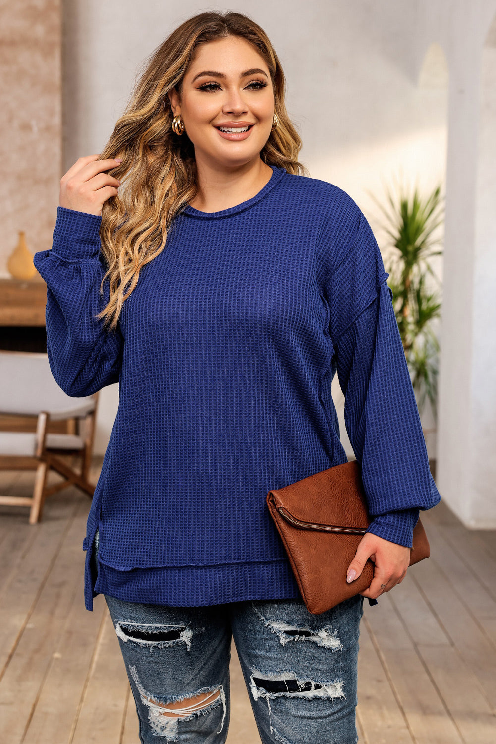 Waffle Knit Oversized Exposed Seam Top, 1XL-3XL