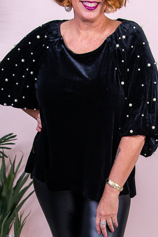 Pearl Embellished Puff Sleeve Velvet Top, 1XL-3XL