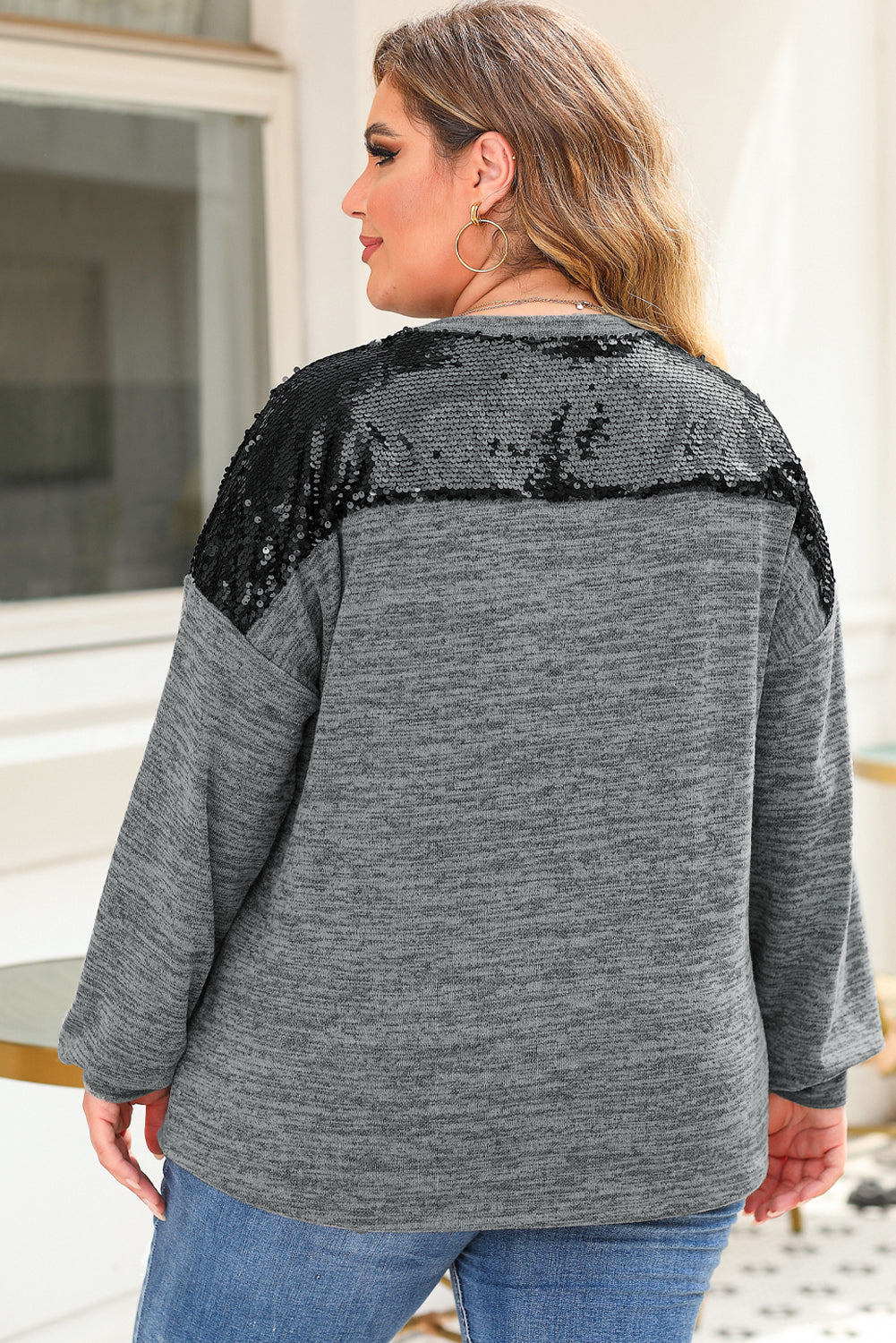 Gray Sequin Patchwork Long Sleeve  Top, 1XL-3XL