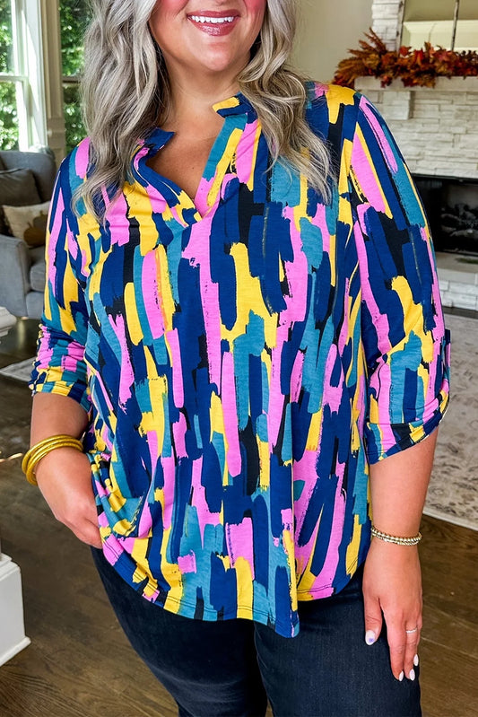 Brushstroke Print 3/4 Sleeve Blouse, 1XL-3XL