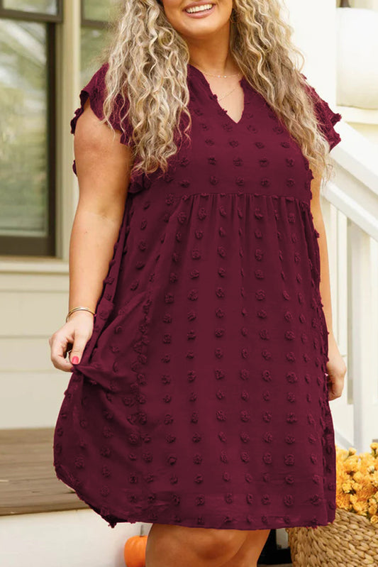 Swiss Dot Ruffled Sleeve V Neck Dress, 1XL-3XL