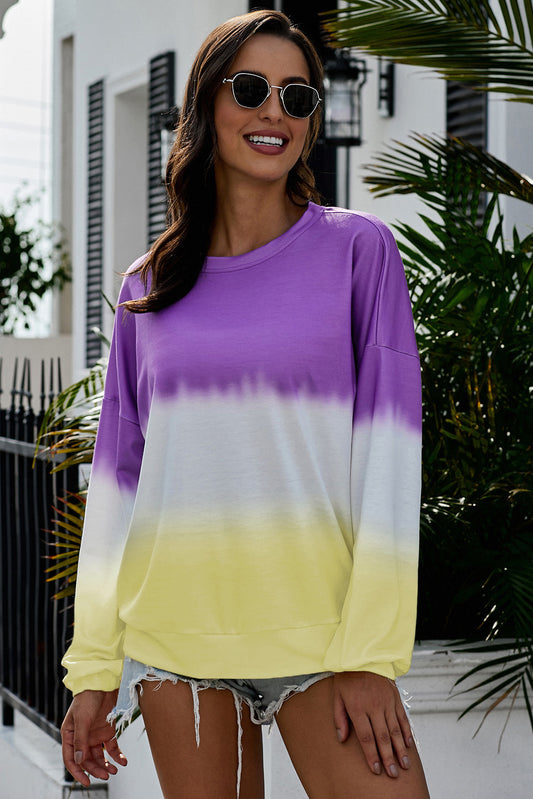 Purple and Gold Color Block Tie Dye Sweatshirt, S-2XL