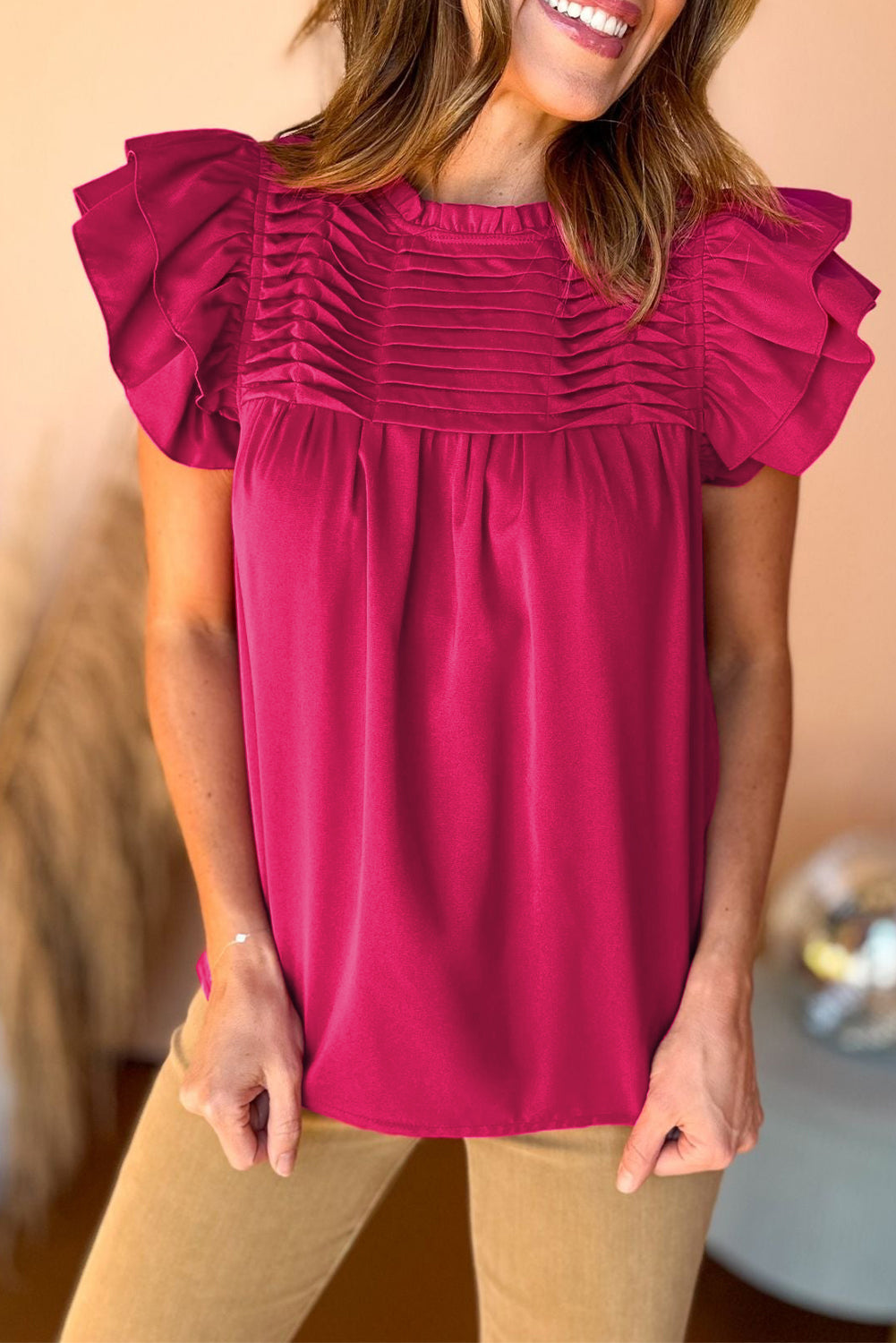 Smocked Ruffle Sleeve Blouse, S-XL, two color choices