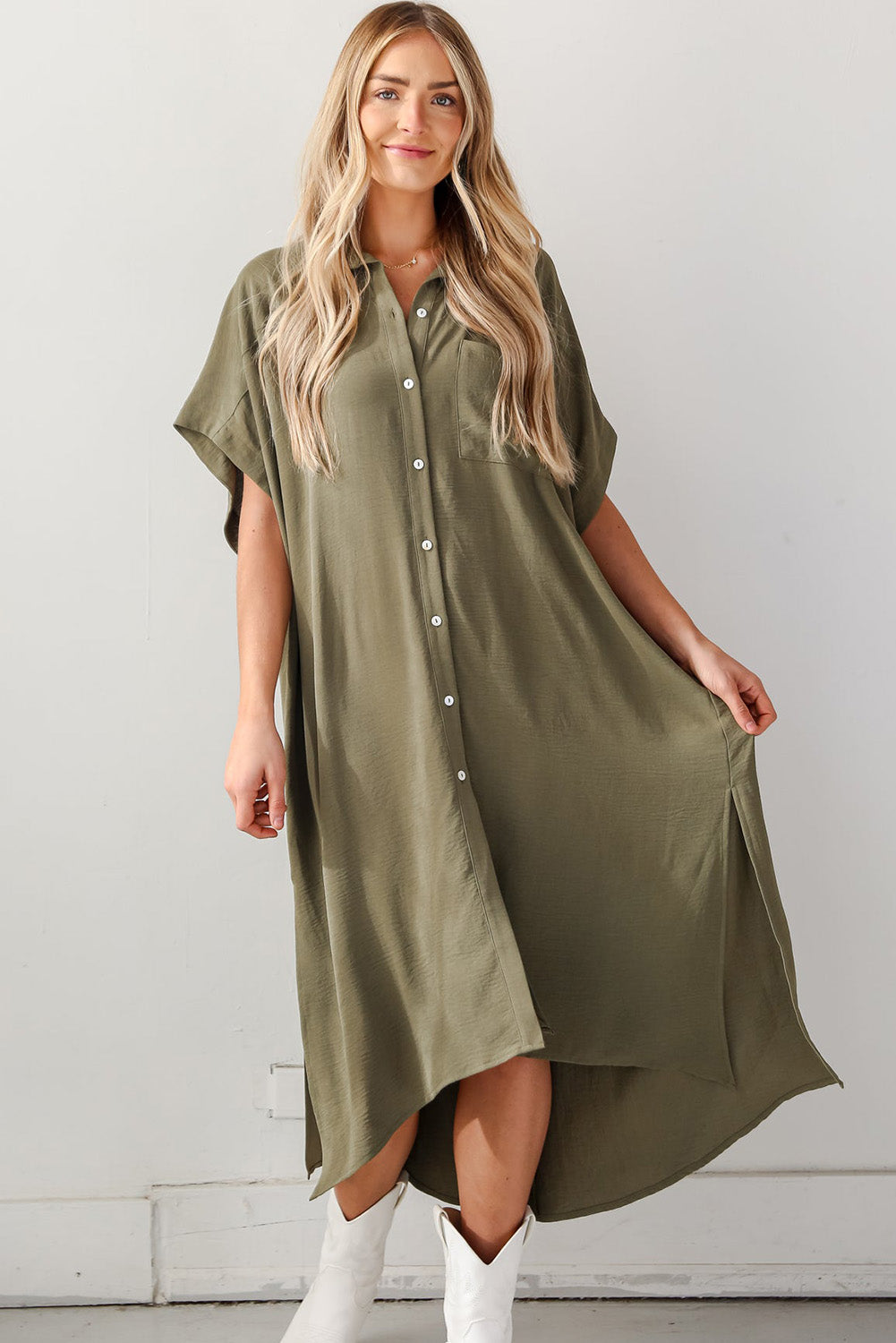 Loose High Low Side Slits Short Sleeve Shirt Dress, S-XL