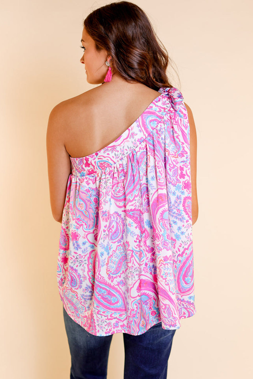 Knotted One Shoulder Paisley Print Tank Top, S-XL