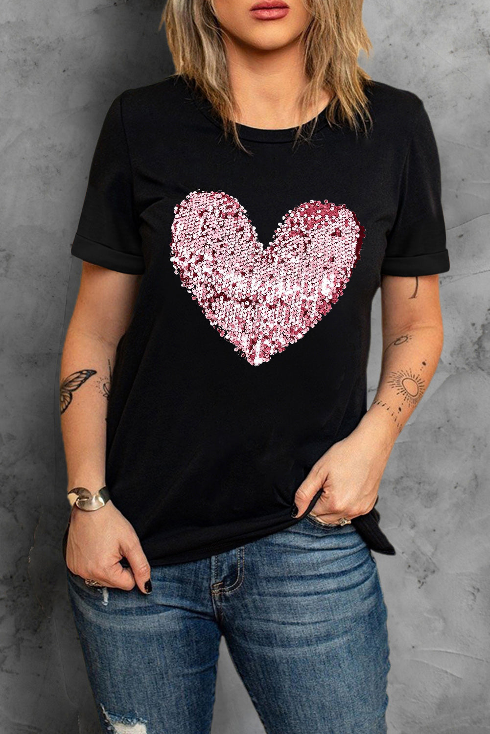 Sequin Heart Shaped Crew Neck T Shirt, S-2XL