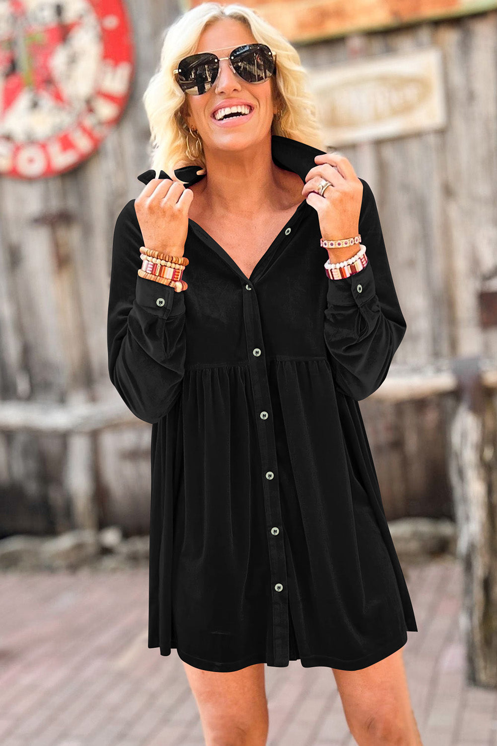 Long Sleeve Ruffle Velvet Button Up Dress, S-3XL, Several color choices