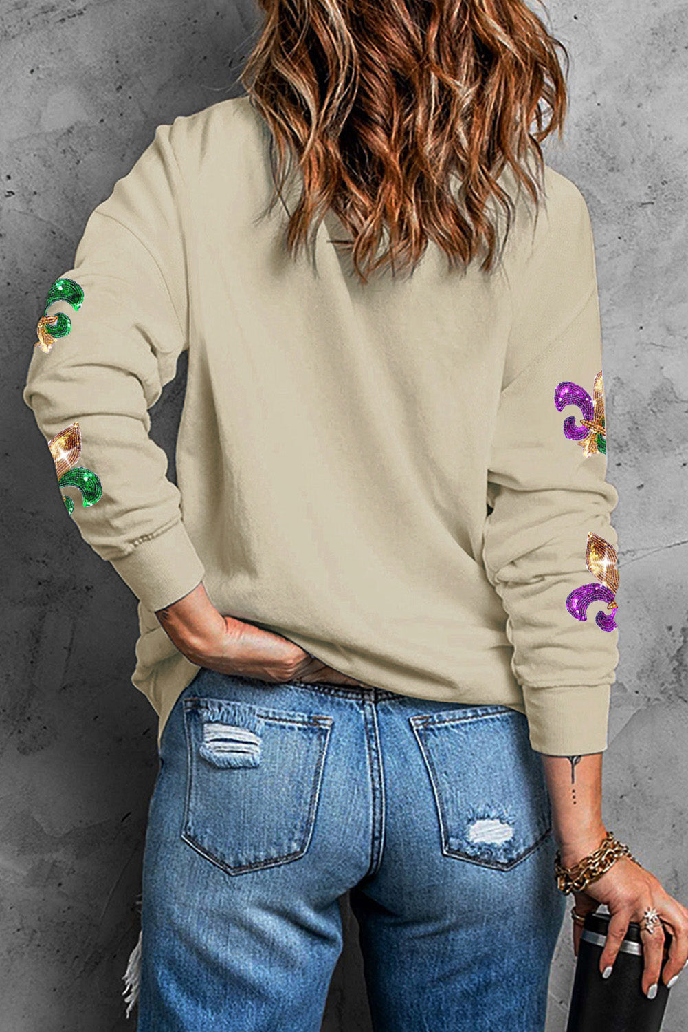 Sequin Fleur De Lis Pullover Sweatshirt, S-2XL, two color choices