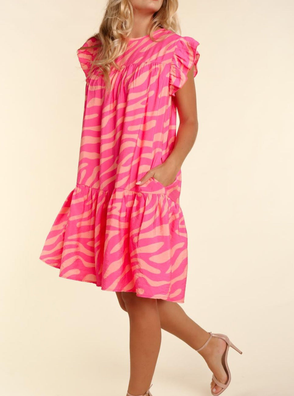 Zebra Stripe Printed Ruffle Trim Pocketed Dress, S-XL