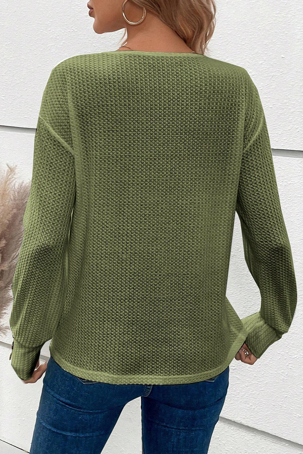 Textured Knit V Neck Button Cuffs Long Sleeve Top, S-XL