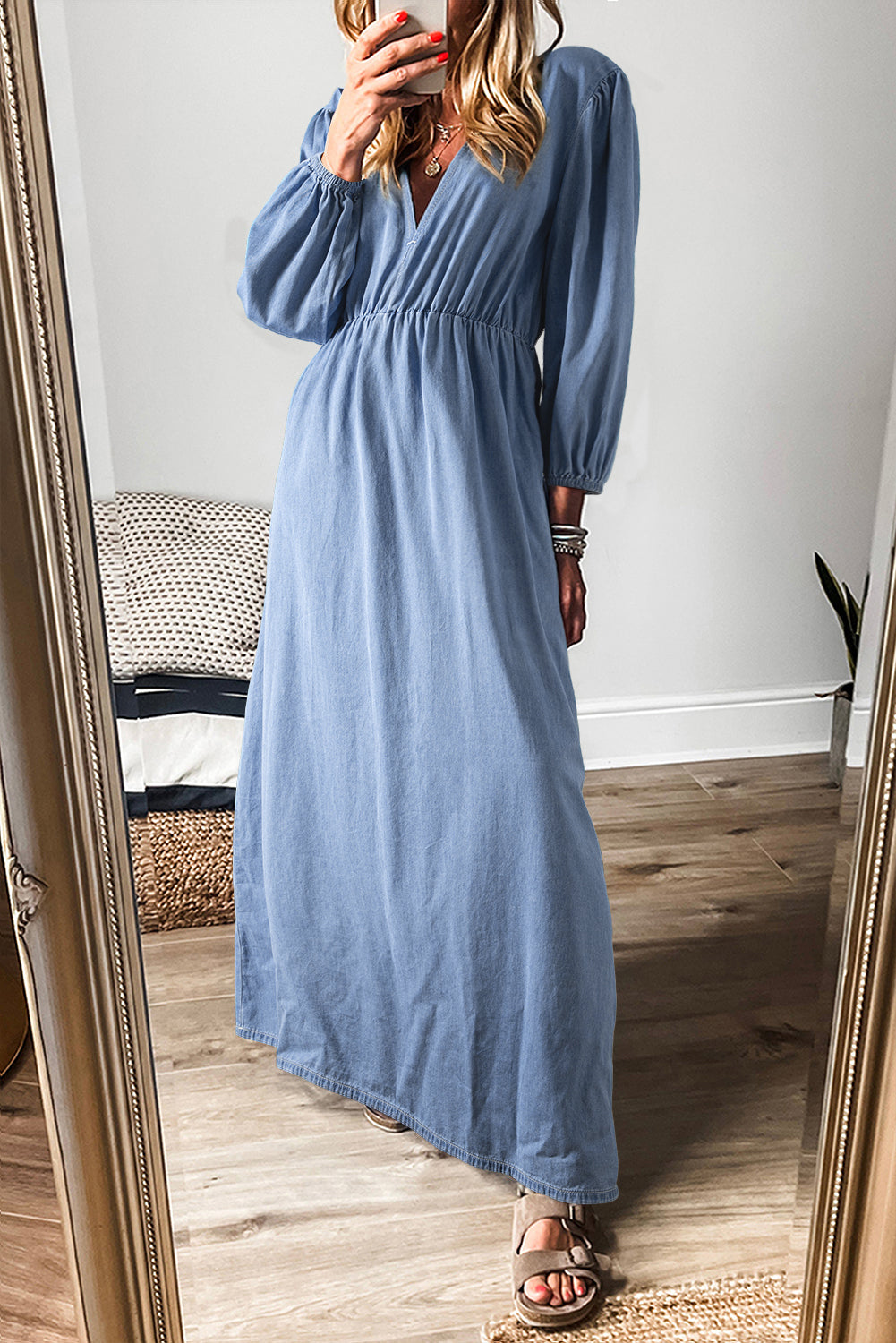 Chambray Deep V Neck Bracelet Sleeve Maxi Dress, S-XL