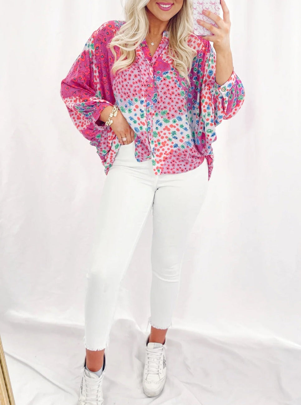 Floral Print Buttoned V Neck Oversized Shirt, S-XL