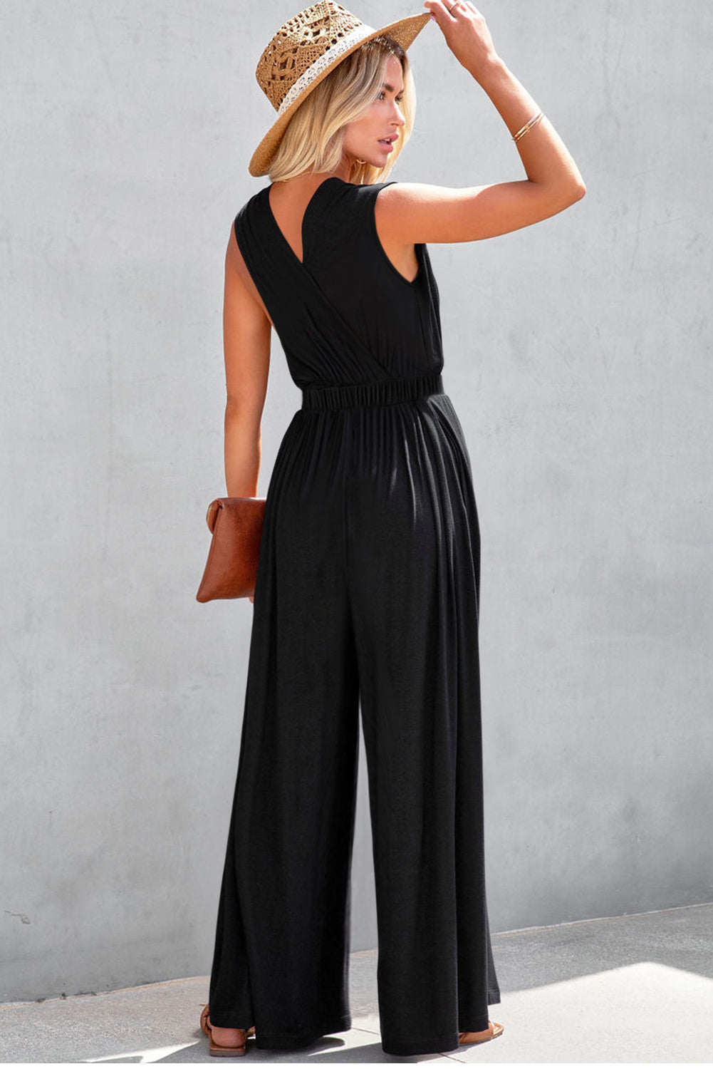 V Pleated Crisscross Wide Leg Backless Jumpsuit, S-XL