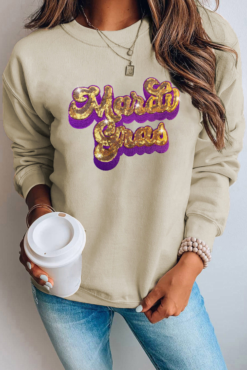 Mardi Gras Sequin Embroidered Patch Sweatshirt, S-2XL