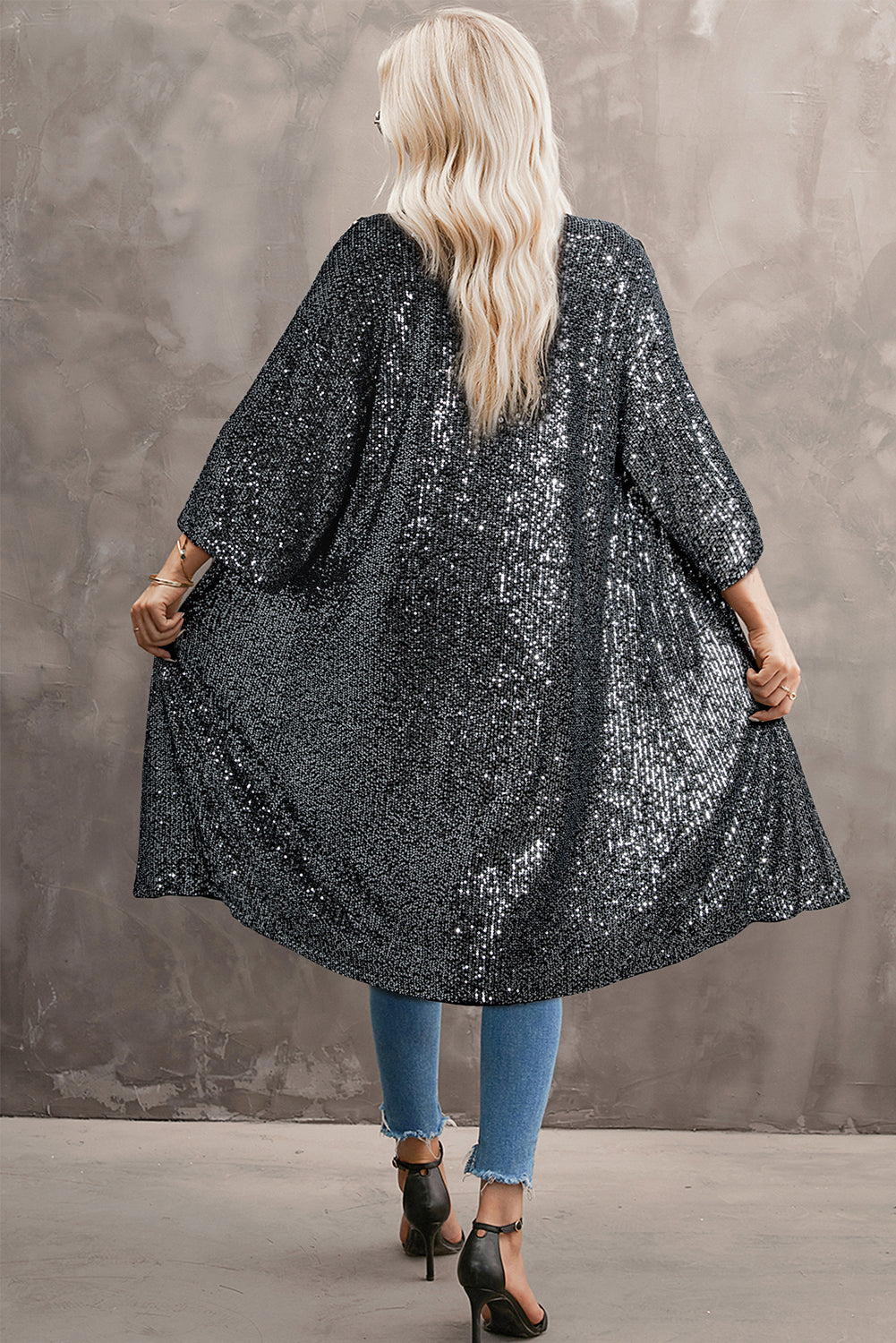 Silvery Sequin 3/4 Sleeve Kimono, S-XL