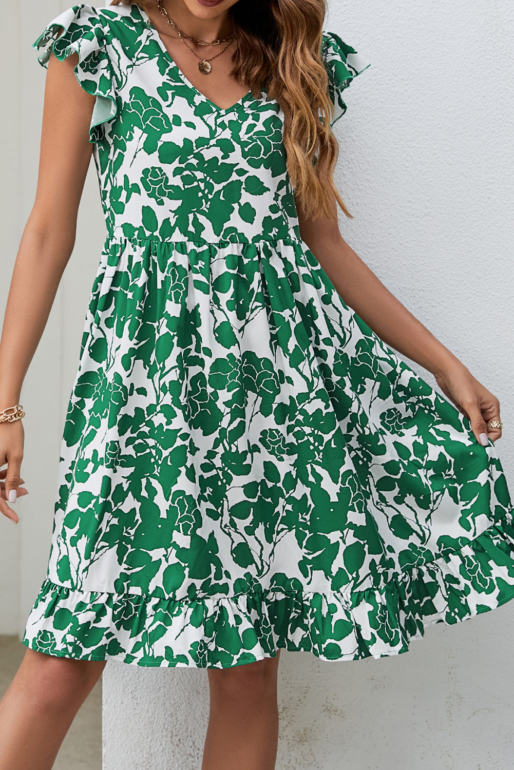 Leaf Print V Neck Flutter Sleeve Dress, S-2XL